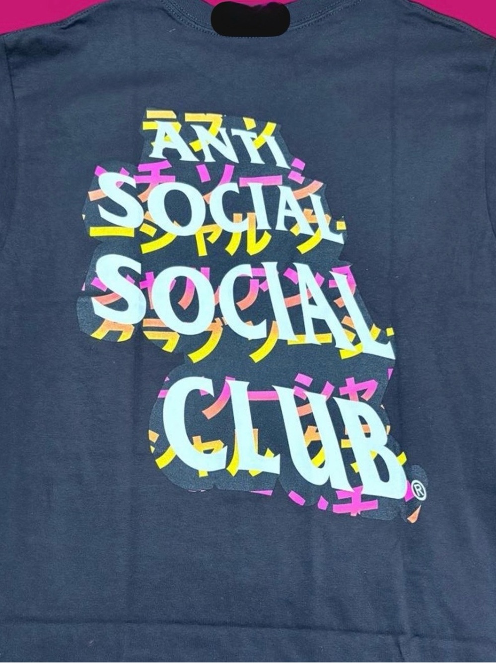 Anti Social Social Club Kids Tee in Navy with Pink, Yellow & White Print